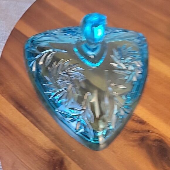 Vintage Hazel‎ Atlas Capri Blue Glass Pinwheel Triangle Lidded Candy Dish MCM - Picture 7 of 11